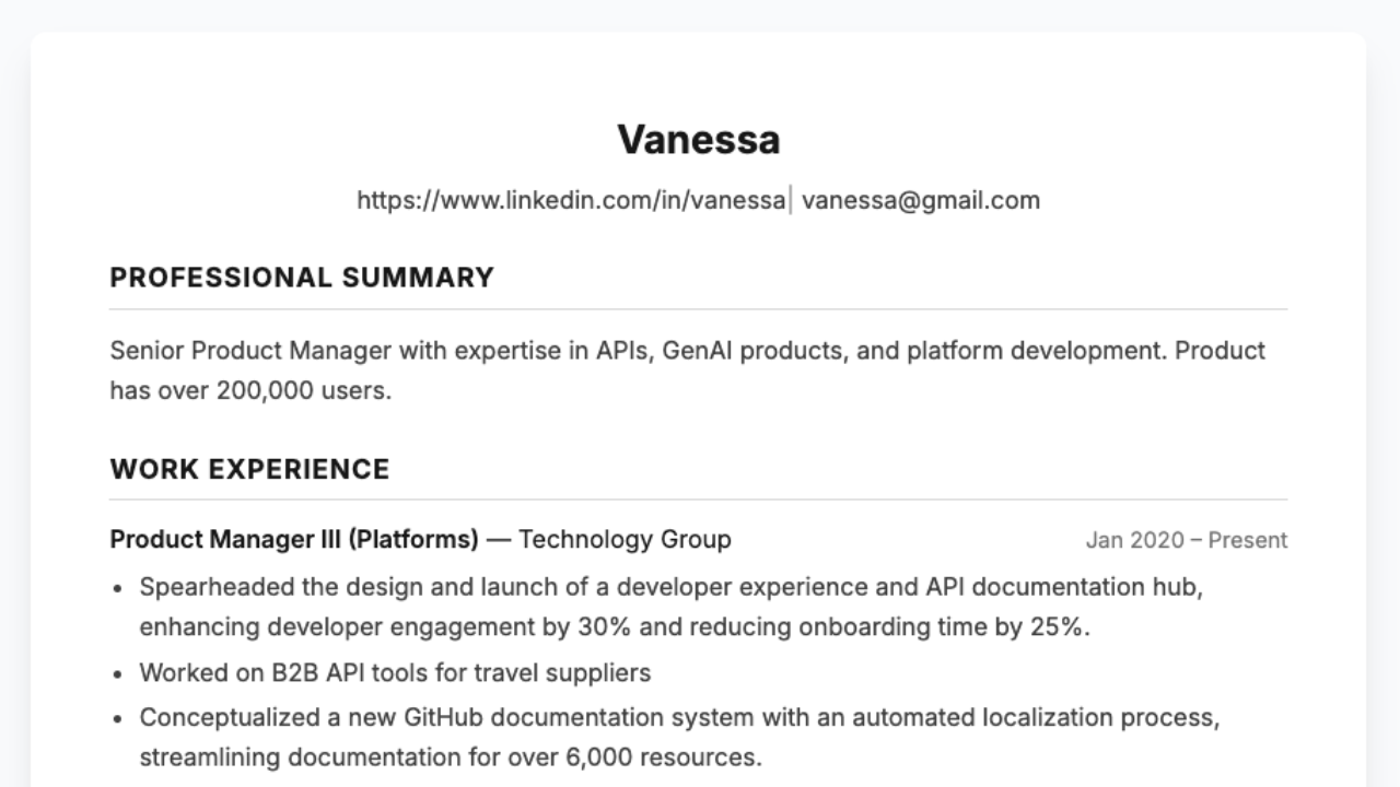 CV editor interface
